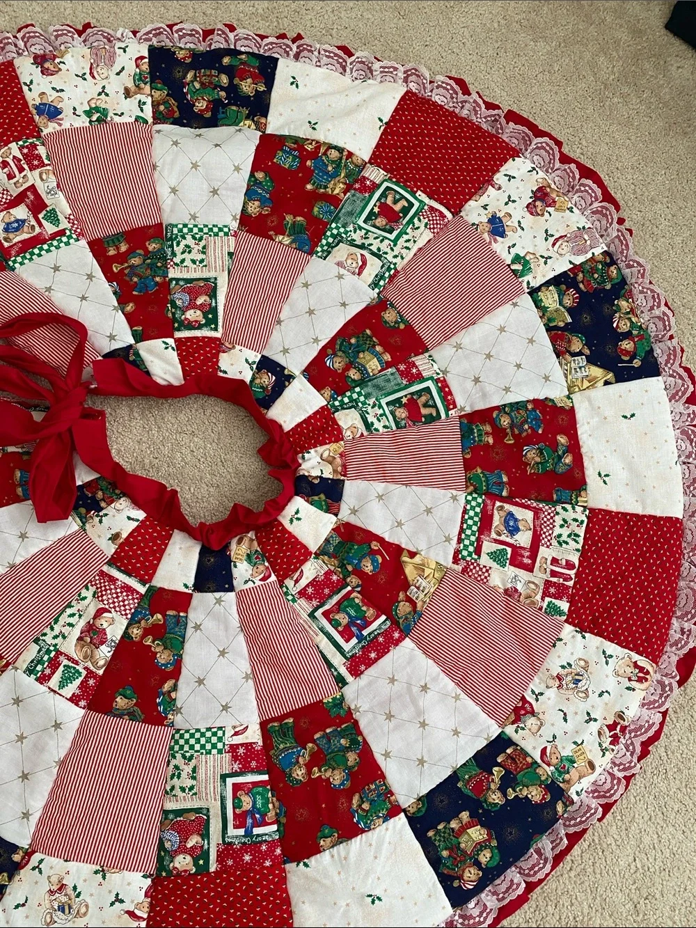 Vintage Handmade Patchwork Christmas Tree Skirt in Red, Green, White